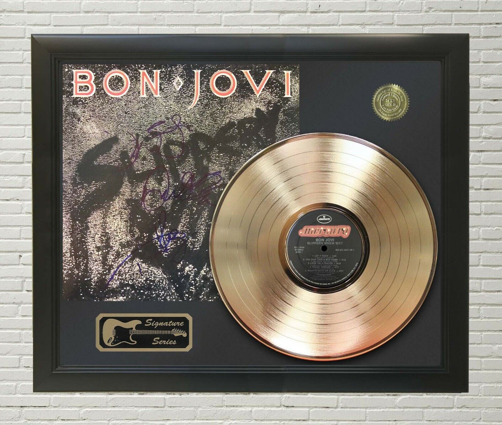Bon Jovi  Framed Black Wood Reproduction Signature Gold Lp Display